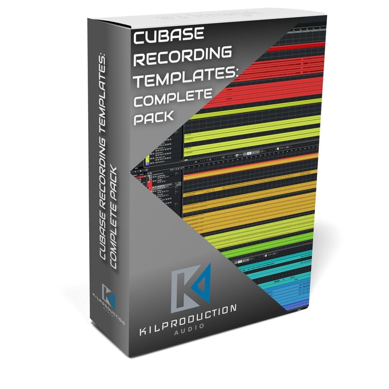 May include: A grey product box for Cubase Recording Templates: Complete Pack. The box features white text and a diagonal cut showing a colourful audio waveform display. The Kilproduction Audio logo is at the bottom.