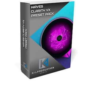 Puede incluir: Una caja con fondo gris y diseño azul y morado. La caja tiene el texto "Waves Clarity VX Preset Pack" en la parte delantera. El texto "Kilproduction Audio" está en la parte inferior de la caja.