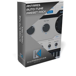 Puede incluir: Una caja con un diseño gris y azul con el texto "Antares Auto-Tune Preset Pack" y un logotipo de Kilproduction Audio. La caja muestra una captura de pantalla de la interfaz del plugin Antares Auto-Tune.