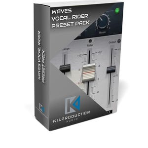 May include: A gray box with the text "WAVES VOCAL RIDER PRESET PACK" on the front. The box is angled to show a close-up of a mixer with faders and knobs. The mixer has the text "Rider" and "Output" on it.