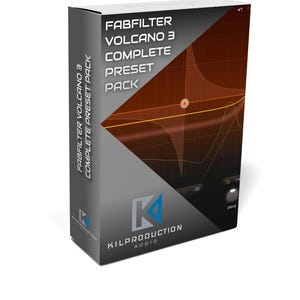 Può includere: Una scatola per un pacchetto di preset completo FabFilter Volcano 3 per la produzione audio. La scatola è grigia con un logo blu e bianco per Kilproduction Audio. La parte anteriore della scatola mostra un grafico di una curva di risposta in frequenza.