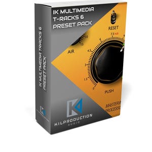May include: A yellow and gray box with the text "IK Multimedia T-Racks 6 Preset Pack" and a knob with the text "AIR" and "PUSH". The box is for a music production software preset pack.