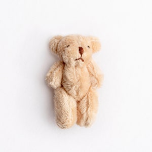 Puede incluir: Un peque&ntilde;o oso de peluche beige con ojos marrones y una nariz cosida. El oso est&aacute; sentado derecho sobre un fondo blanco.
