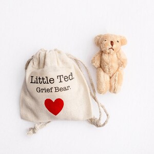 Puede incluir: Un peque&ntilde;o oso de peluche beige con una expresi&oacute;n triste. El oso est&aacute; sentado sobre una superficie blanca junto a una peque&ntilde;a bolsa de cord&oacute;n blanco con el texto "Little Ted. Grief Bear." y un coraz&oacute;n rojo.