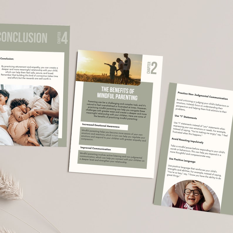May include: Two illustrations with text about mindful parenting. The first illustration shows a family of three lying on a bed together. The second illustration shows a child smiling with a book in their lap. The text in the first illustration discusses the benefits of mindful parenting, including increased emotional awareness and improved communication. The text in the second illustration discusses how to practice non-judgmental communication, use "I" statements, avoid reacting impulsively, and use positive language.