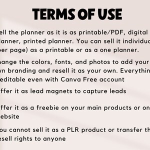 K&ouml;nnte beinhalten: Eine Checkliste mit Nutzungsbedingungen f&uuml;r einen digitalen Planer. Die Liste enth&auml;lt, was erlaubt ist und was nicht. Die Liste besagt, dass der Planer als Druckvorlage, PDF oder digitaler Planer verkauft werden kann. Er kann auch als Leadmagnet oder Werbegeschenk verwendet werden. Die Liste besagt, dass der Planer nicht als PLR-Produkt verkauft werden darf oder die Weiterverkaufsrechte &uuml;bertragen werden d&uuml;rfen.