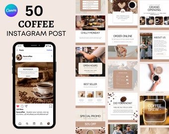 50 Coffee Instagram Post Templates, Cafe Social Media Kit (Canva)
