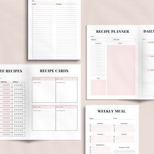 K&ouml;nnte beinhalten: Ein druckbarer Planer mit Abschnitten f&uuml;r Lieblingsrezepte, Rezeptkarten, einen Rezeptplaner, einen t&auml;glichen Essensplaner und einen w&ouml;chentlichen Essensplaner. Der Planer hat ein minimalistisches Design mit schwarzem Text auf wei&szlig;em Hintergrund.