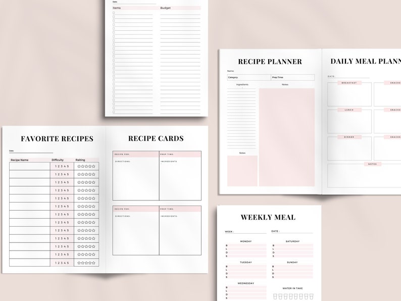 K&ouml;nnte beinhalten: Ein druckbarer Planer mit Abschnitten f&uuml;r Lieblingsrezepte, Rezeptkarten, einen Rezeptplaner, einen t&auml;glichen Essensplaner und einen w&ouml;chentlichen Essensplaner. Der Planer hat ein minimalistisches Design mit schwarzem Text auf wei&szlig;em Hintergrund.