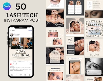 Lash Technician IG Post, Lash Tech Instagram Template,  50 Lash Artist Branding Kit, Lashes Technician Social Media Post Eyelash Extensions