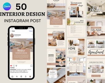50 Interior Design Instagram Post Templates | Canva, Social Media (Digital Download)