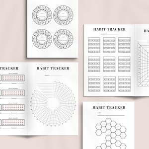 K&ouml;nnte beinhalten: Ein Satz druckbarer Habit-Tracker-Seiten mit verschiedenen Layouts. Die Seiten beinhalten einen t&auml;glichen Tracker, einen monatlichen Tracker, einen kreisf&ouml;rmigen Tracker, einen Raster-Tracker und einen Waben-Tracker. Die Seiten sind schwarzwei&szlig; und haben ein minimalistisches Design.
