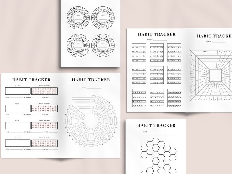 K&ouml;nnte beinhalten: Ein Satz druckbarer Habit-Tracker-Seiten mit verschiedenen Layouts. Die Seiten beinhalten einen t&auml;glichen Tracker, einen monatlichen Tracker, einen kreisf&ouml;rmigen Tracker, einen Raster-Tracker und einen Waben-Tracker. Die Seiten sind schwarzwei&szlig; und haben ein minimalistisches Design.