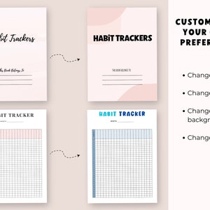 K&ouml;nnte beinhalten: Zwei druckbare Habit-Tracker-Seiten mit einem rosa-blauen Farbschema. Die obere Seite hat den Text "Habit Trackers" und "This Book Belongs To". Die untere Seite hat den Text "Habit Tracker" und ein Raster zum Verfolgen von Gewohnheiten. Der Text "Customize To Your Own Preference" befindet sich auf der rechten Seite des Bildes mit Aufz&auml;hlungszeichen, die "Change colors", "Change fonts", "Change backgrounds" und "Change photos" auflisten.