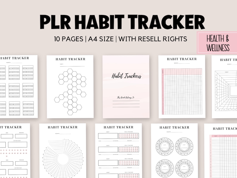K&ouml;nnte beinhalten: Ein Satz von 10 druckbaren Habit-Tracker-Seiten in Schwarzwei&szlig; mit verschiedenen Layouts. Die Seiten sind f&uuml;r A4-Papier konzipiert und enthalten einen Titel mit der Aufschrift "Habit Trackers".