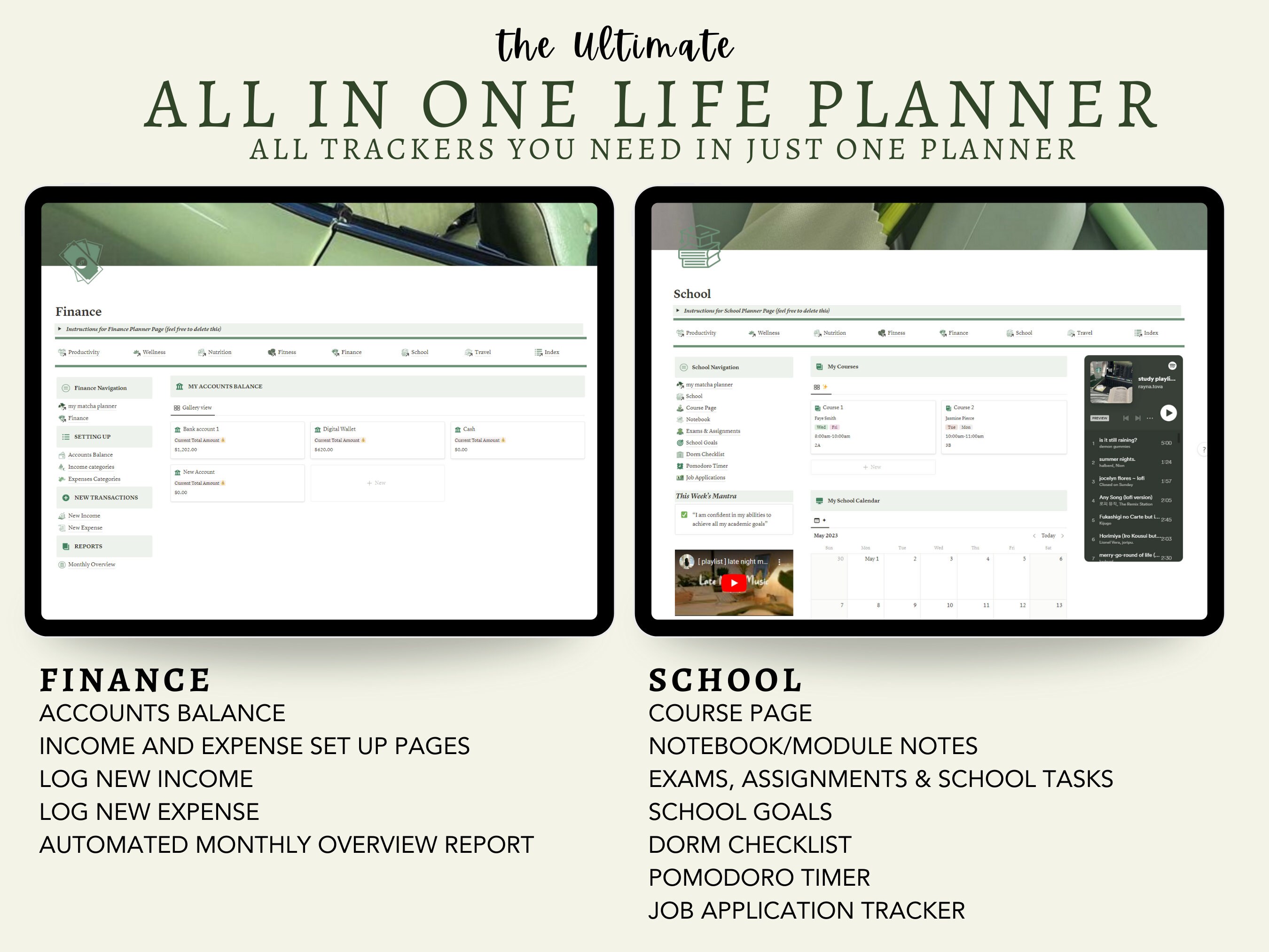PLR All in One Life Planner A Notion Template Matcha Green Life Planner ...