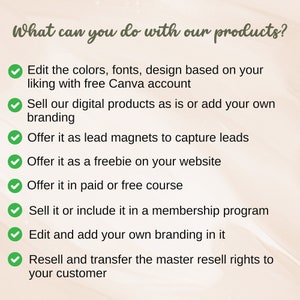 May include: A checklist of ways to use digital products, including editing, selling, offering as lead magnets, freebies, and course materials. The text includes "What can you do with our products?" and lists options like "Edit the colors, fonts, design based on your liking with free Canva account" and "Resell and transfer the master resell rights to your customer."