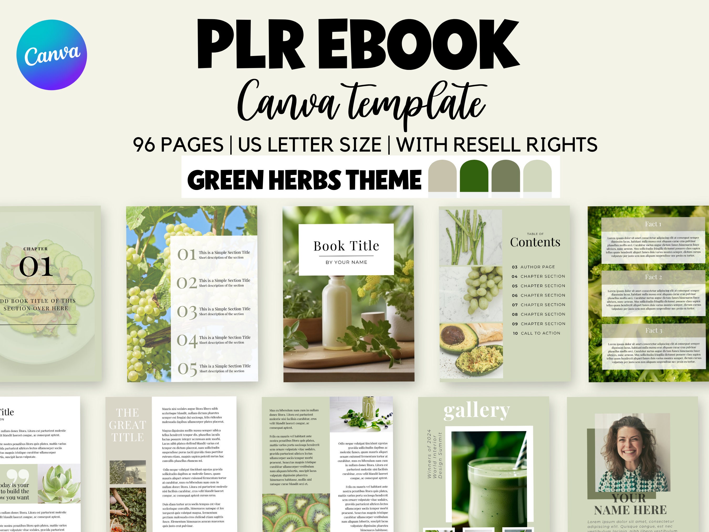 PLR Ebook Template Green Theme, PLR Canva Template, ebook health Plr digital product, commercial use canva, resell rights ebook health coach
