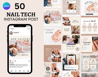 Nail Tech Instagram Post Template |  50 Nail Tech Branding Kit IG Post Nail Care Social Media Post Nail Technician Nail Artist Manicure Post