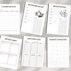 K&ouml;nnte beinhalten: Druckbare Planerseiten f&uuml;r die Men&uuml;planung und Kalorienverfolgung. Enth&auml;lt Seiten f&uuml;r Rezeptkarten, Einkaufslisten, Kochherausforderungen und Rezeptvorlagen f&uuml;r Fr&uuml;hst&uuml;ck und Abendessen.