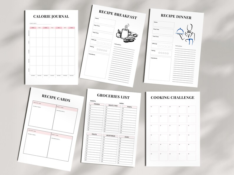 K&ouml;nnte beinhalten: Druckbare Planerseiten f&uuml;r die Men&uuml;planung und Kalorienverfolgung. Enth&auml;lt Seiten f&uuml;r Rezeptkarten, Einkaufslisten, Kochherausforderungen und Rezeptvorlagen f&uuml;r Fr&uuml;hst&uuml;ck und Abendessen.