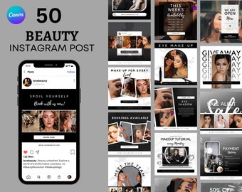 Beauty Instagram Post Template Makeup Black and White |  50 Beauty Branding Kit IG Post Makeup Artist Social Media Post Esthetician Beauty