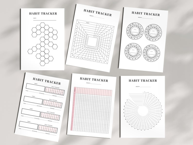 K&ouml;nnte beinhalten: Satz von sechs druckbaren Habit-Tracker-Seiten mit verschiedenen Designs. Die Designs umfassen eine Wabe, ein Gitter, einen Kreis, einen Kalender, ein Gitter mit einem rosa Streifen und einen Kreis mit einer Linie.