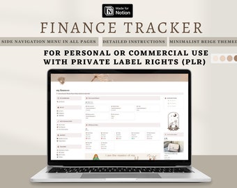 Plantilla de noción de seguimiento de finanzas PLR, noción de seguimiento de presupuesto, seguimiento de ingresos y gastos, seguimiento de facturas de suscripción de deuda, planificador financiero