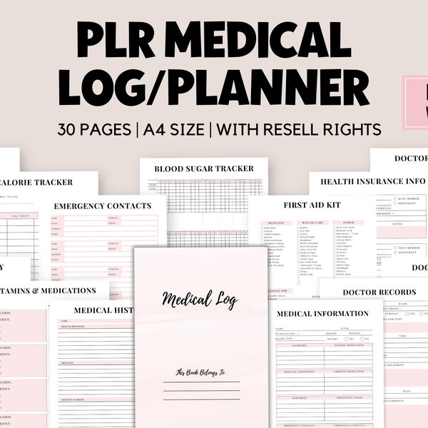 PLR Medical Planner, Commercial Use Health Planner, PLR Canva template, Wellness Planner Printable, Resell Medicine Tracker, Medical Log