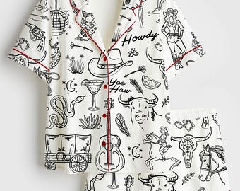 Conjunto de pijama de vaquera, pijama estilo western para mujer, ropa de dormir de rodeo, lindo conjunto de pijama corto con botones, regalo de ropa de estar por casa para chica campestre