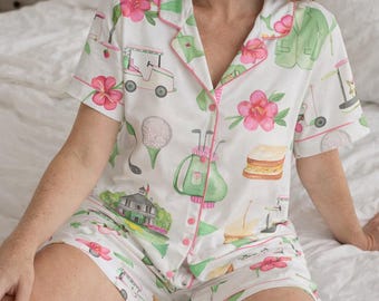 Conjunto de pijama de golf, ropa de dormir estilo preppy para club de campo, ropa de estar por casa Golfcore rosa y verde, estilo torneo de primavera, regalo para ella.