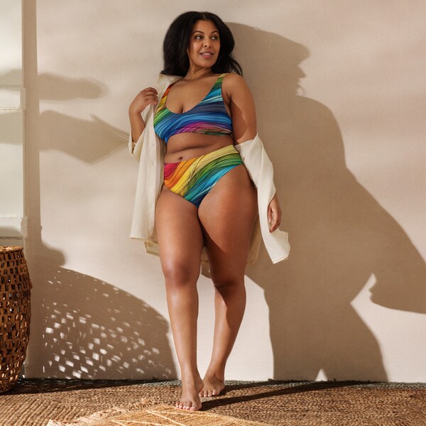 Eco-Friendly High-Waisted Bikini with Abstract Rainbow Waves | Vivadore Vogue