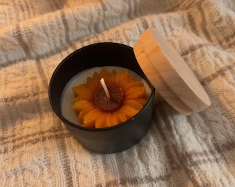 Candela di soia al girasole, profumo floreale, barattolo nero, coperchio in legno, fatta a mano, regalo per lei, Bougie Tournesol Cire Vegetale Fait Main France