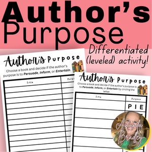May include: A pink background with the words "Author's Purpose" in large black letters. Two worksheets are visible, each with the title "Author's Purpose" and instructions to identify the author's purpose. The worksheets include a space to write the title and purpose.