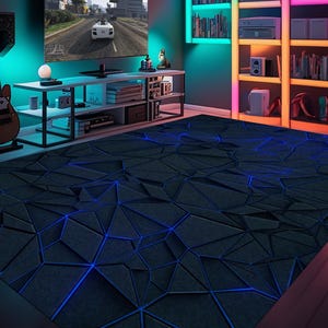 May include: A dark gray geometric rug with blue glowing lines. The rug is in a room with a TV, a guitar, and a bookshelf.