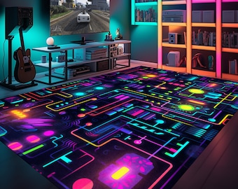May include: A black rug with a neon circuit board design. The rug features bright pink, blue, green, and yellow lines and circles.