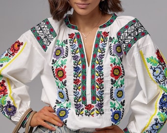 Blumenstickerei-Bluse, Baumwollbluse, Vintage, Bluse Damen, ukrainische Bluse, Boho, Damenbluse, Stickerei-Bluse, Geschenk für sie