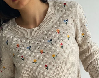 Knitted Sweatshirt, Sweater for women, Floral Embroidery Sweater, Casual Pullover, Women Clothing, Gift for her