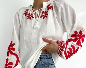 Blouse women, Women Blouse, Ukrainian Blouse, Bohemian, Flower Embroidery Blouse, Cotton Blouse, Vintage, Embroidery Blouse, Gift For her