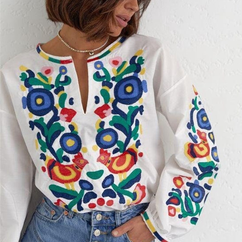 Vintage Blouse Embroidered Detail Women Cotton Floral Print & Flared Sleeves main image 0