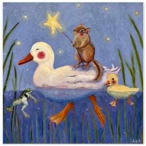 PRINT, Fine Art Poster, &#39;Follow the Flicker&#39;, whimsical animal storybook style illustration