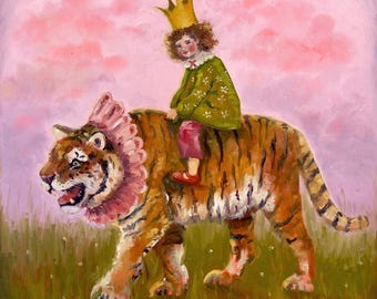 Gerahmter Druck, 'Brave', Kleine Prinzessin Mädchen reitet auf einen Tiger