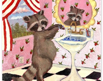 PRINT, &#39;Scrubba Dub Dub&#39;, whimsical oil painting, raccoon, bathroom, storybook art, floral, little girls room art