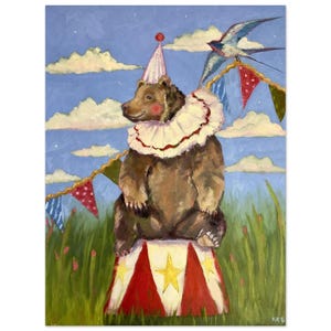 IMPRESIÓN, 'Oso de fiesta de circo', póster de bellas artes, pintura al óleo, circo retro, guardería, habitación de niños pequeños, caprichoso
