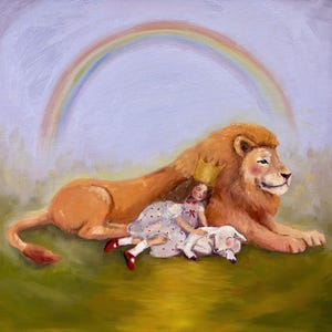 May include: An oil painting depicts a lion with a golden crown, a girl in a white dress with red shoes, and a lamb. A rainbow arches across a lavender sky, and the scene is set on a green field.