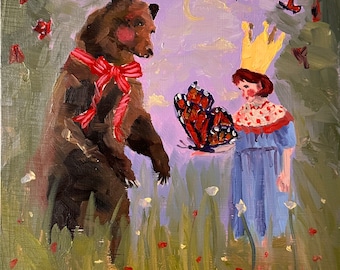PRINT, little girl, princess, bear, bow, storybook, butterfly, oil painting, children’s room, artwork, nursery art