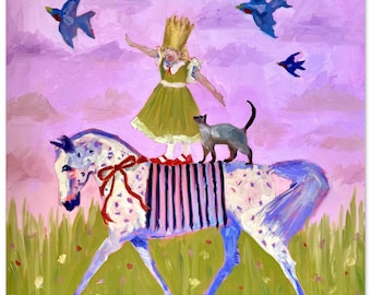 PRINT, &#39;Make Believe&#39;, whimsical oil painting, horse, girl, cat, birds, little girls room art