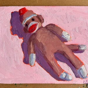 ORIGINAL, Sock monkey painting original oil artwork