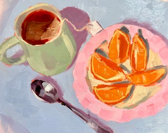 Modern still life, oranges, tea, spoon, kitchen art, original painting