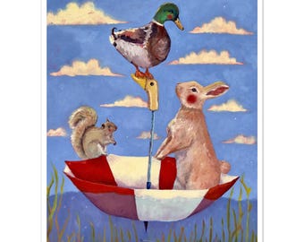 PRINT, &#39;Friends Out  on Adventure&#39;, storybook style painting, children&#39;s room art, whimsical nursery artwork, duck, squirrel, bunny